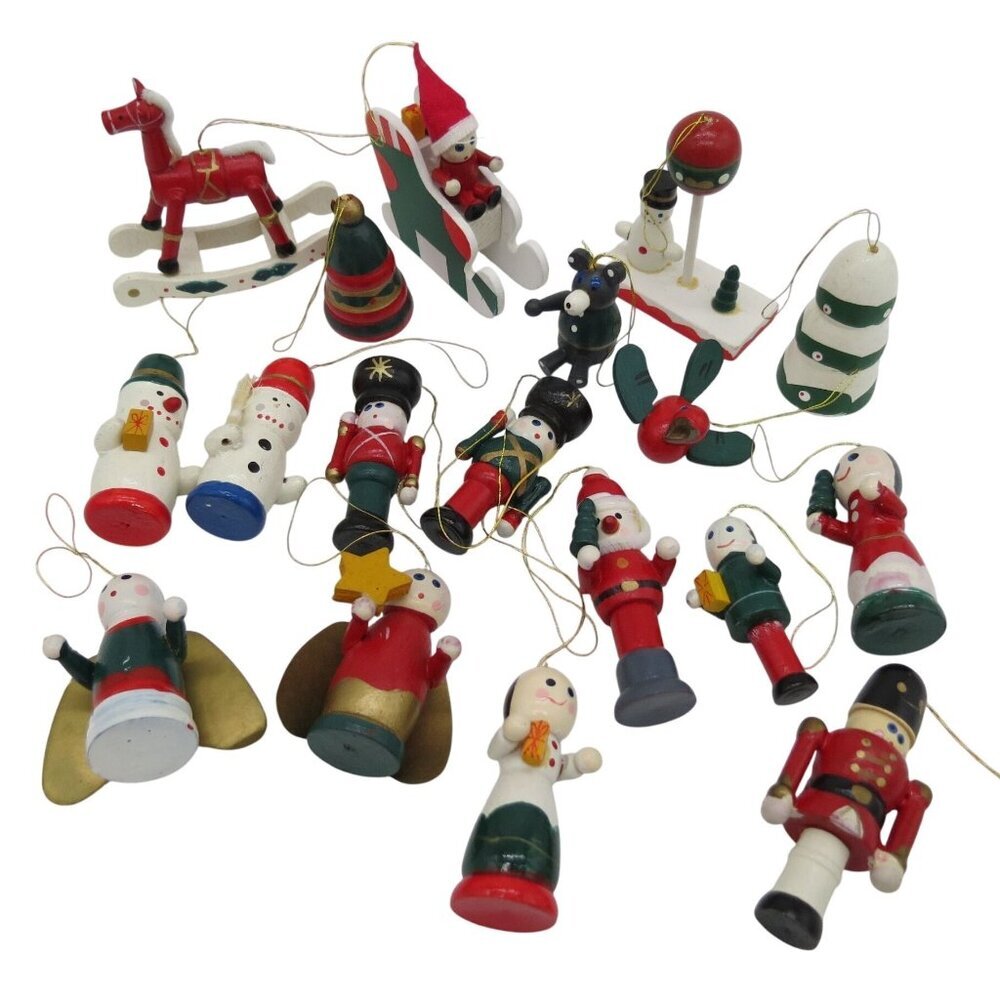 VINTAGE Lot of 18 Painted Wood Christmas Ornaments Santa Snowmen Angel Soldier